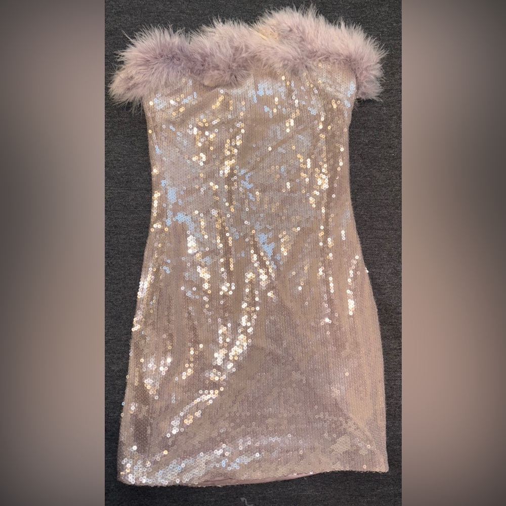 Forever 21 Strapless Sequin Dress with Faux Fur Trim - Silver and Pink